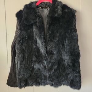 Mojo Genuine Rabbit Fur Jacket Ribbed Knit Sleeves Black M/L Vintage Boho